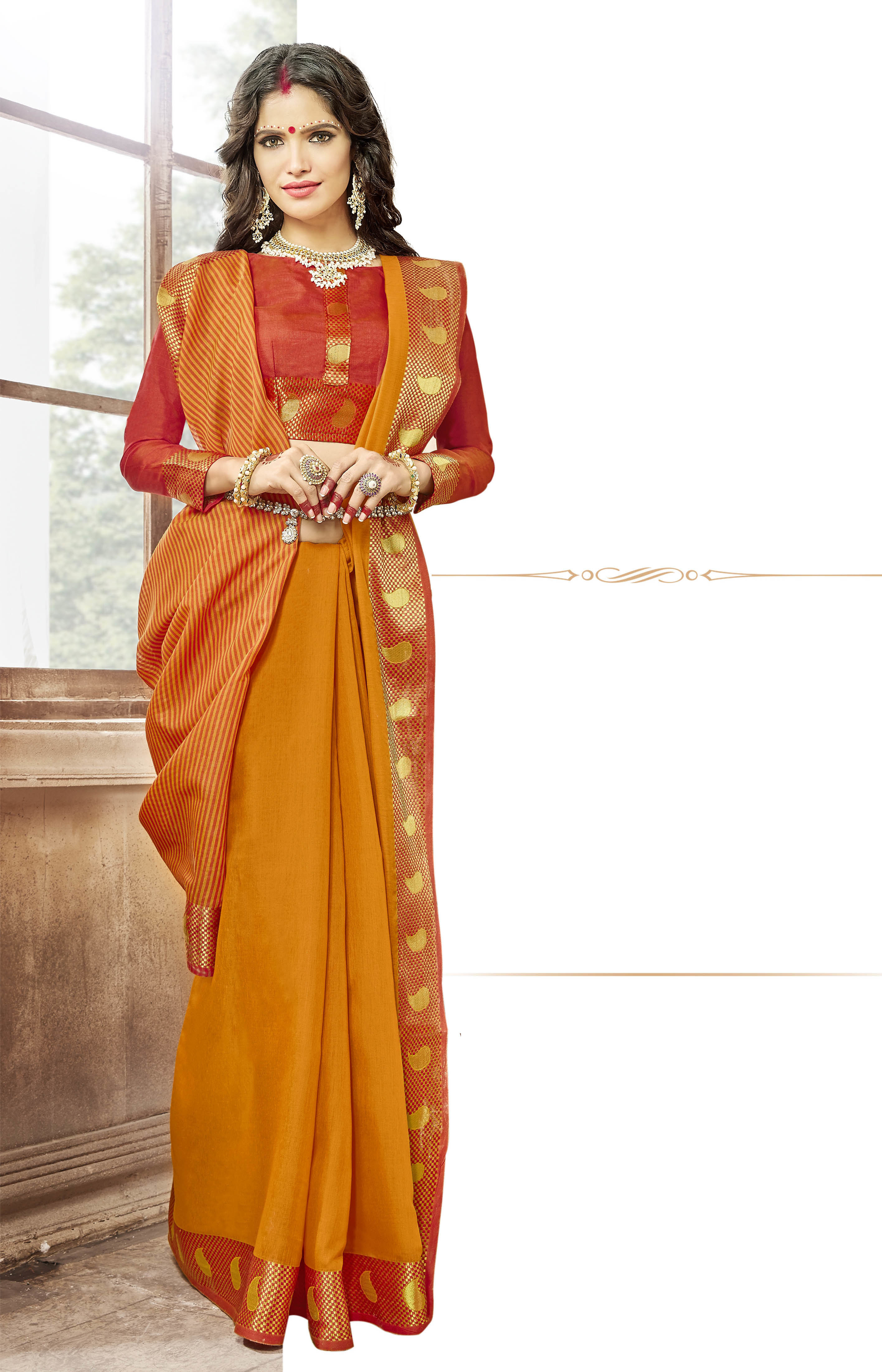 Khadi Silk Saree - Mustard With Orange Blouse | Ethnic Dress, Durable Fabric, Printed Pattern, Short Sleeves