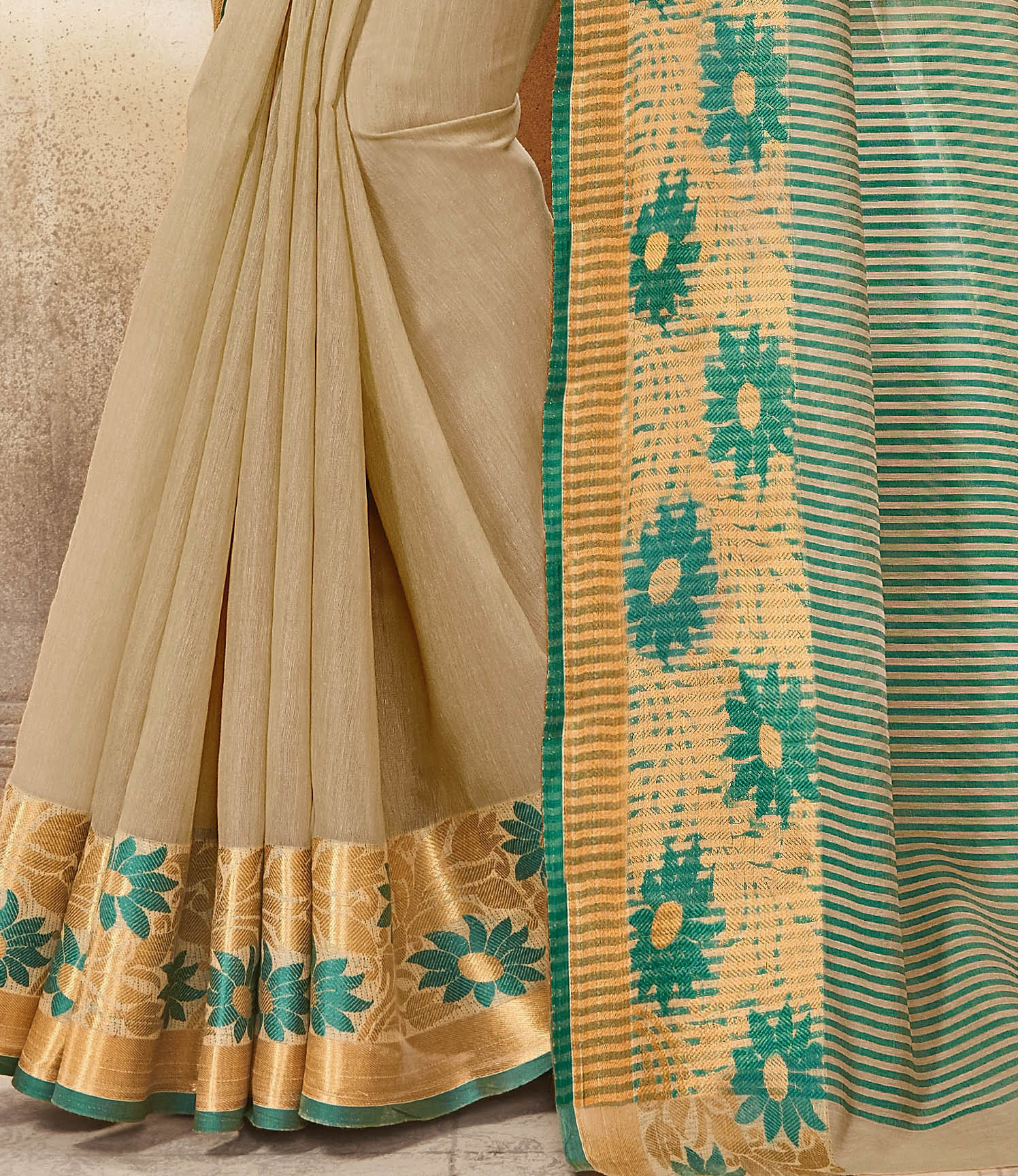 Cream & Green Art Silk Saree