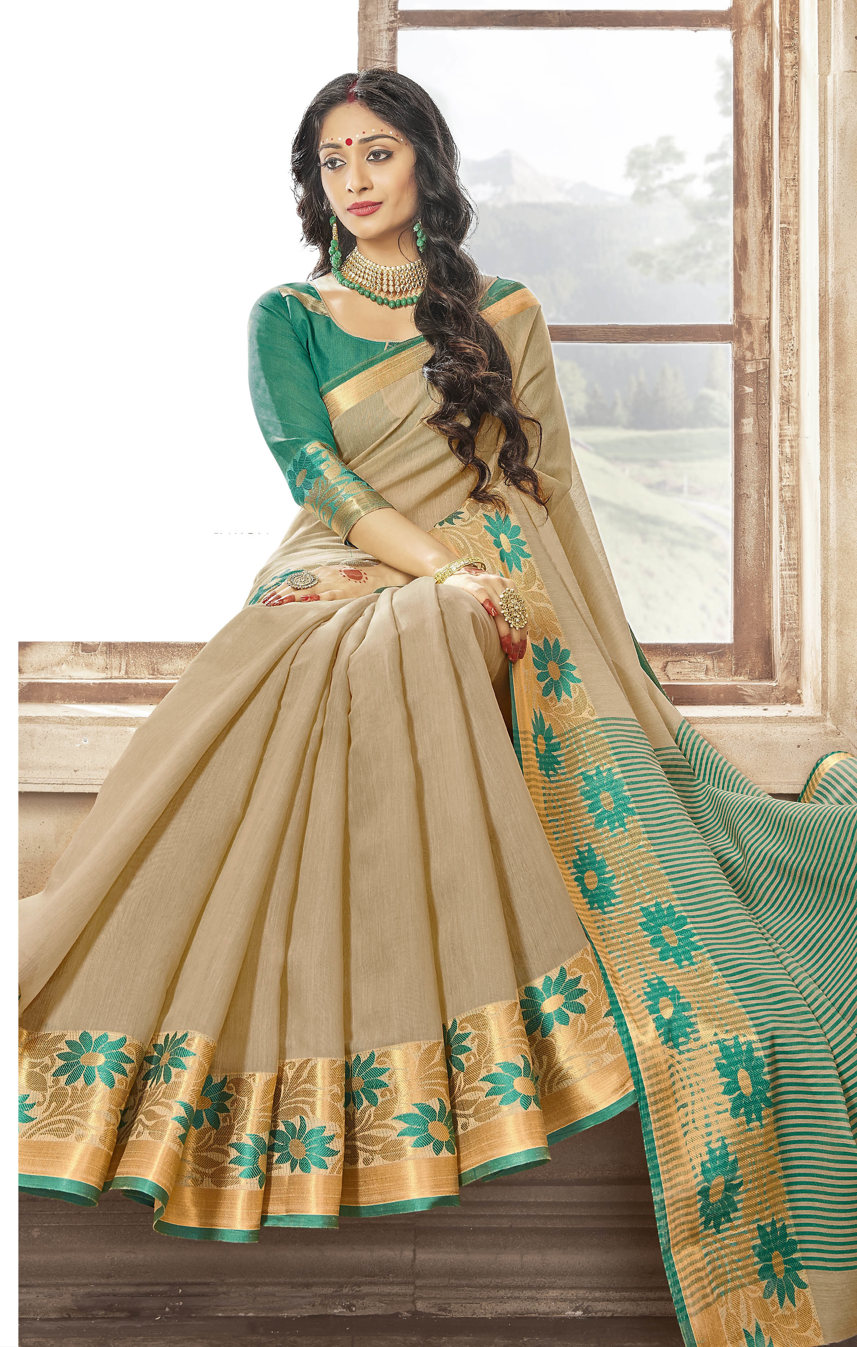 Cream & Green Art Silk Saree