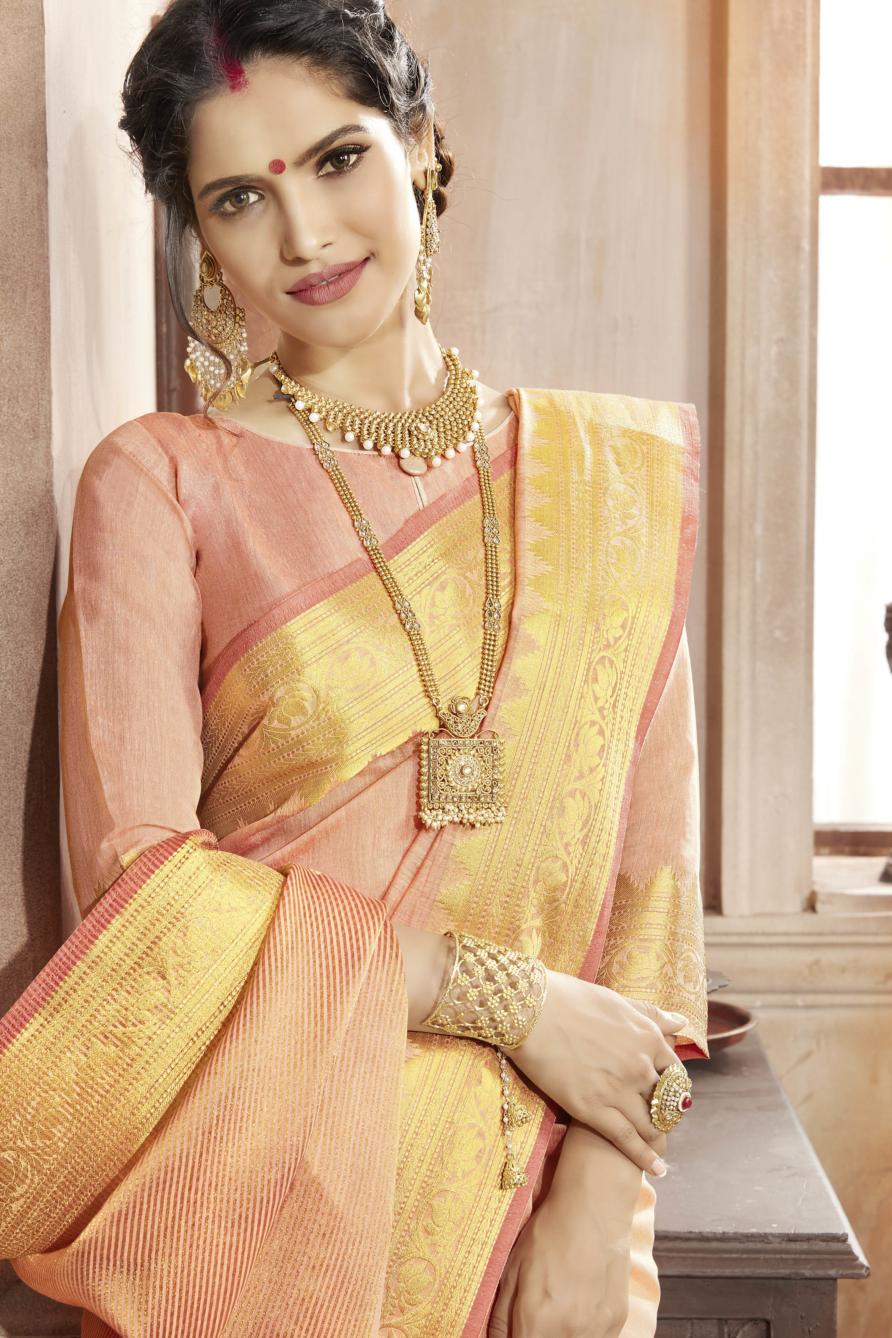 Khadi Saree - Khadi Silk, Light Peach Color, Satin Blouse , Ethnic Dress Type With Short Sleeves And Printed Pattern