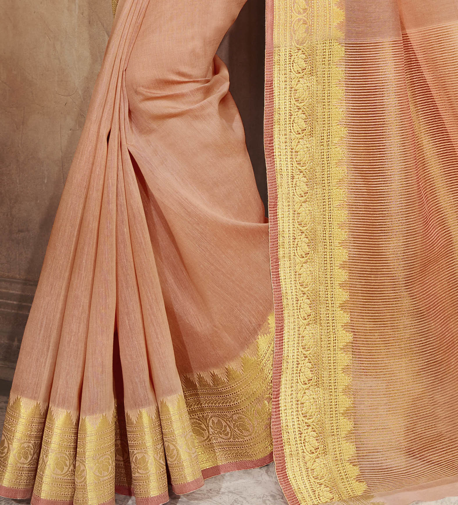 Khadi Saree - Khadi Silk, Light Peach Color, Satin Blouse , Ethnic Dress Type With Short Sleeves And Printed Pattern
