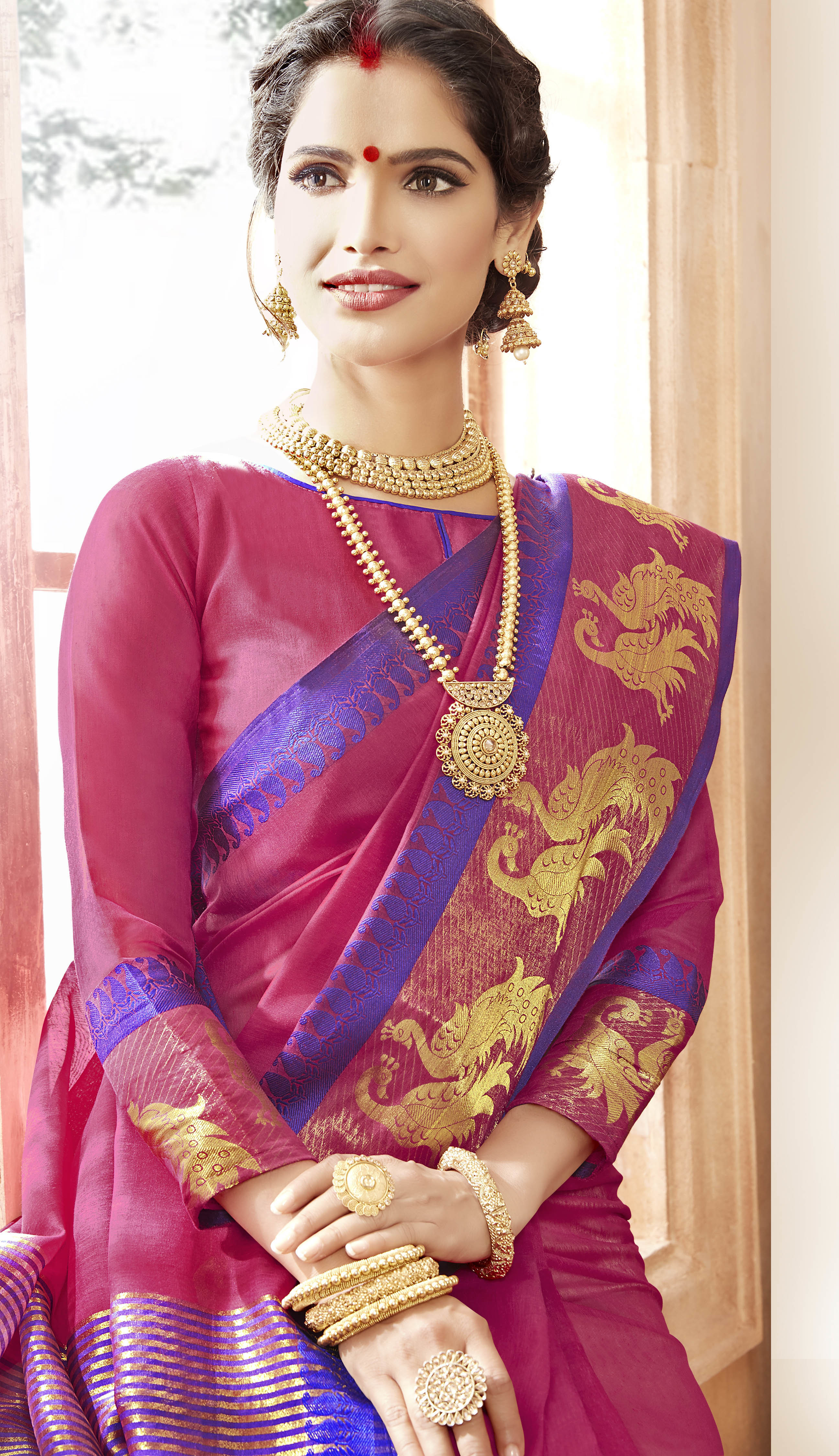Khadi Silk Saree - Dark Pink Color With Matching Blouse | Ethnic Dress, Short Sleeves, Durable And Exquisite Design