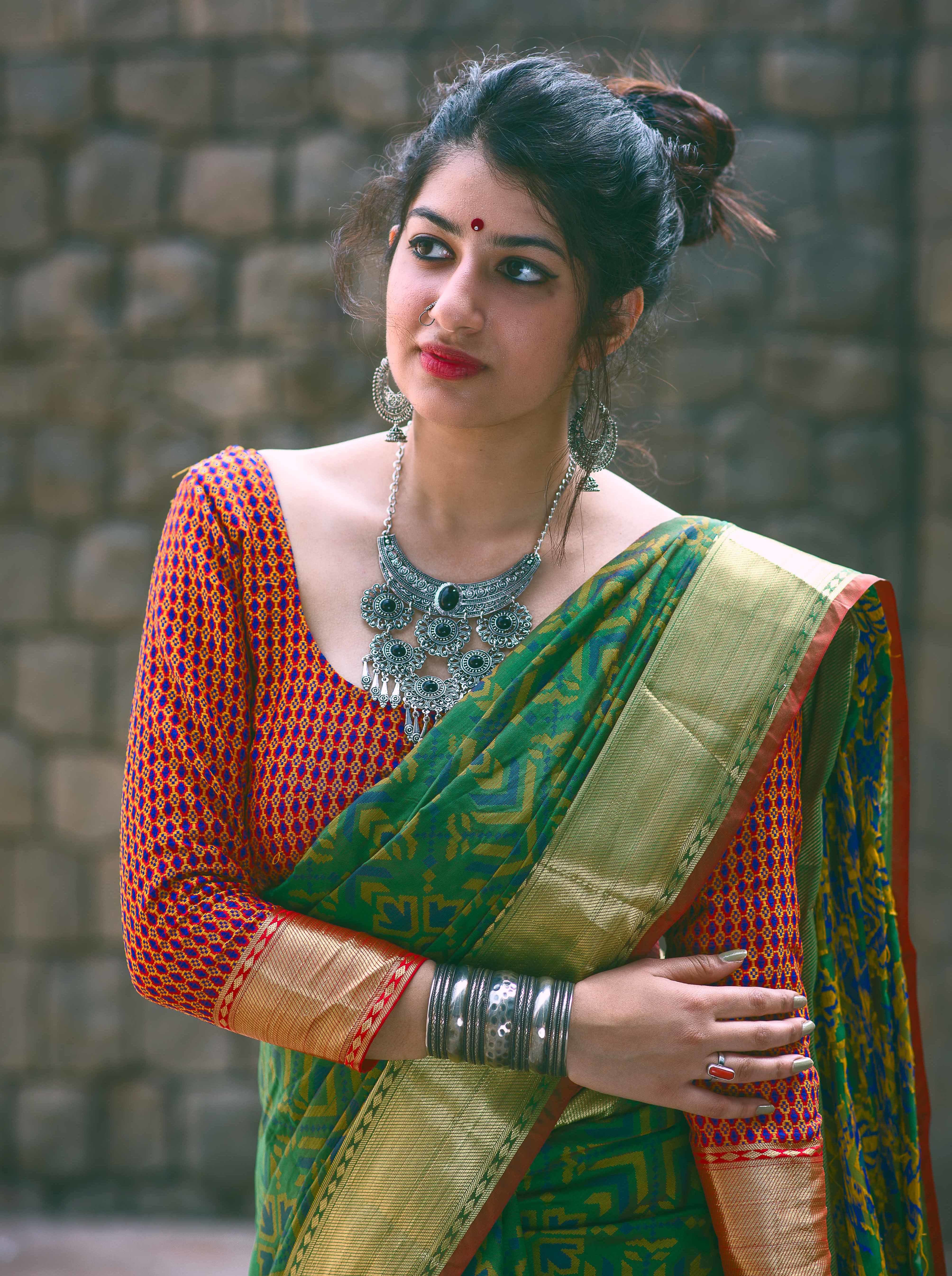 Printed Saree - Patola Silk Fabric, Green Color | Ethnic Dress Type, Short Sleeves, Beautiful Printed Pattern