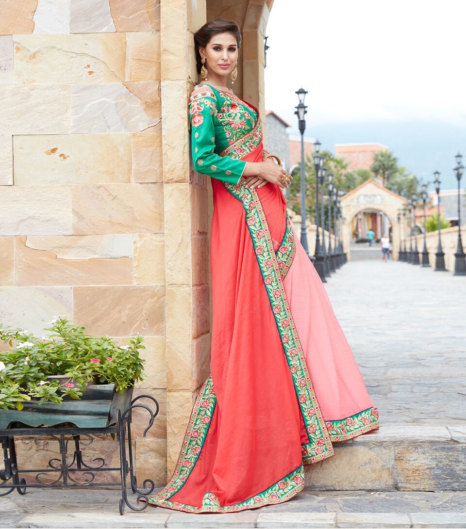 Designer Western Wear Saree - Bamber Silk & Raw Silk Fabric | Red & Pink Printed Ethnic Dress, Short Sleeves Style