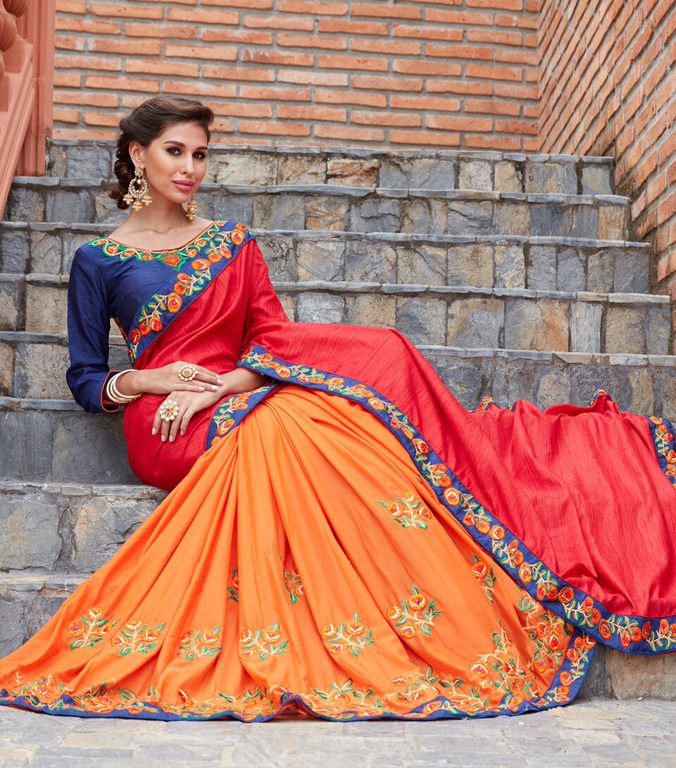 Red & Orange Embroidered Saree
