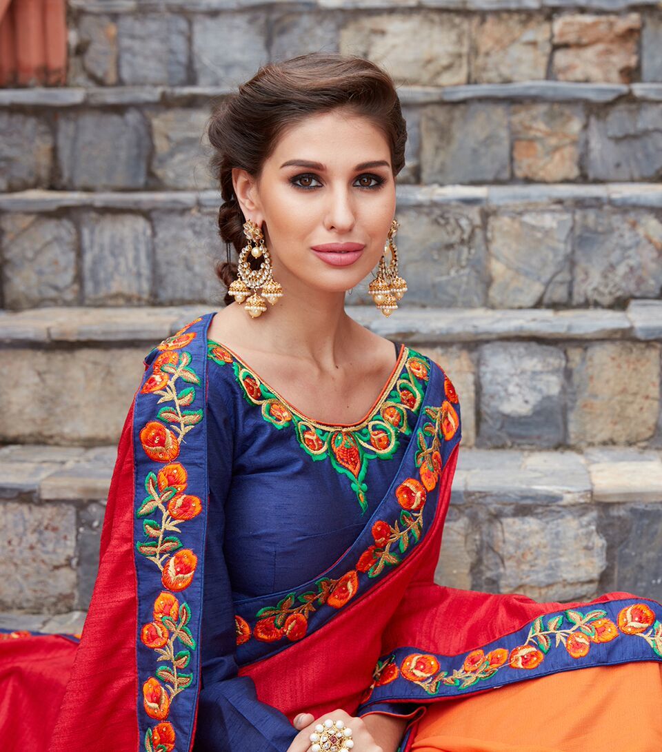 Red & Orange Embroidered Saree