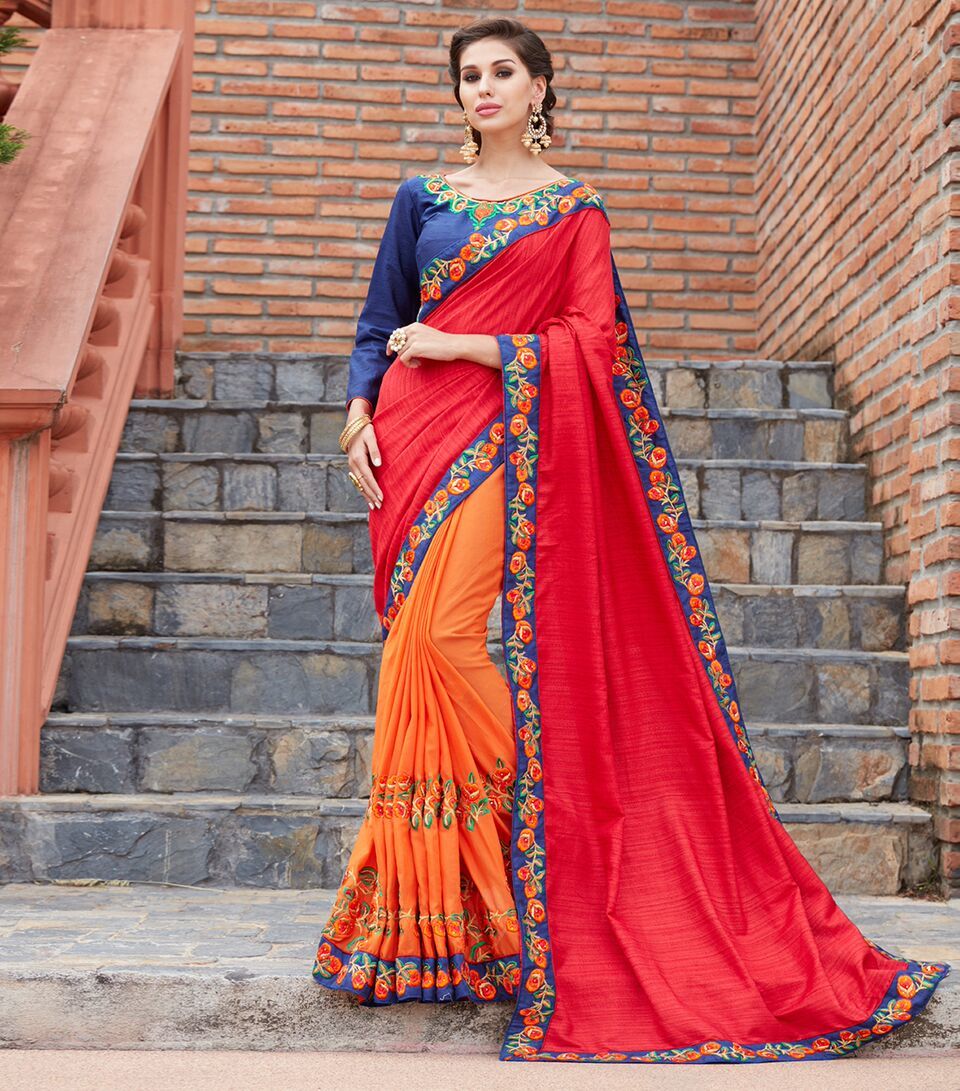 Red & Orange Embroidered Saree