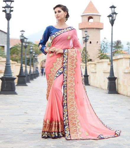 Designer Western Wear Saree - Chiffon & Velvet, Pink, Embroidered with Short Sleeves