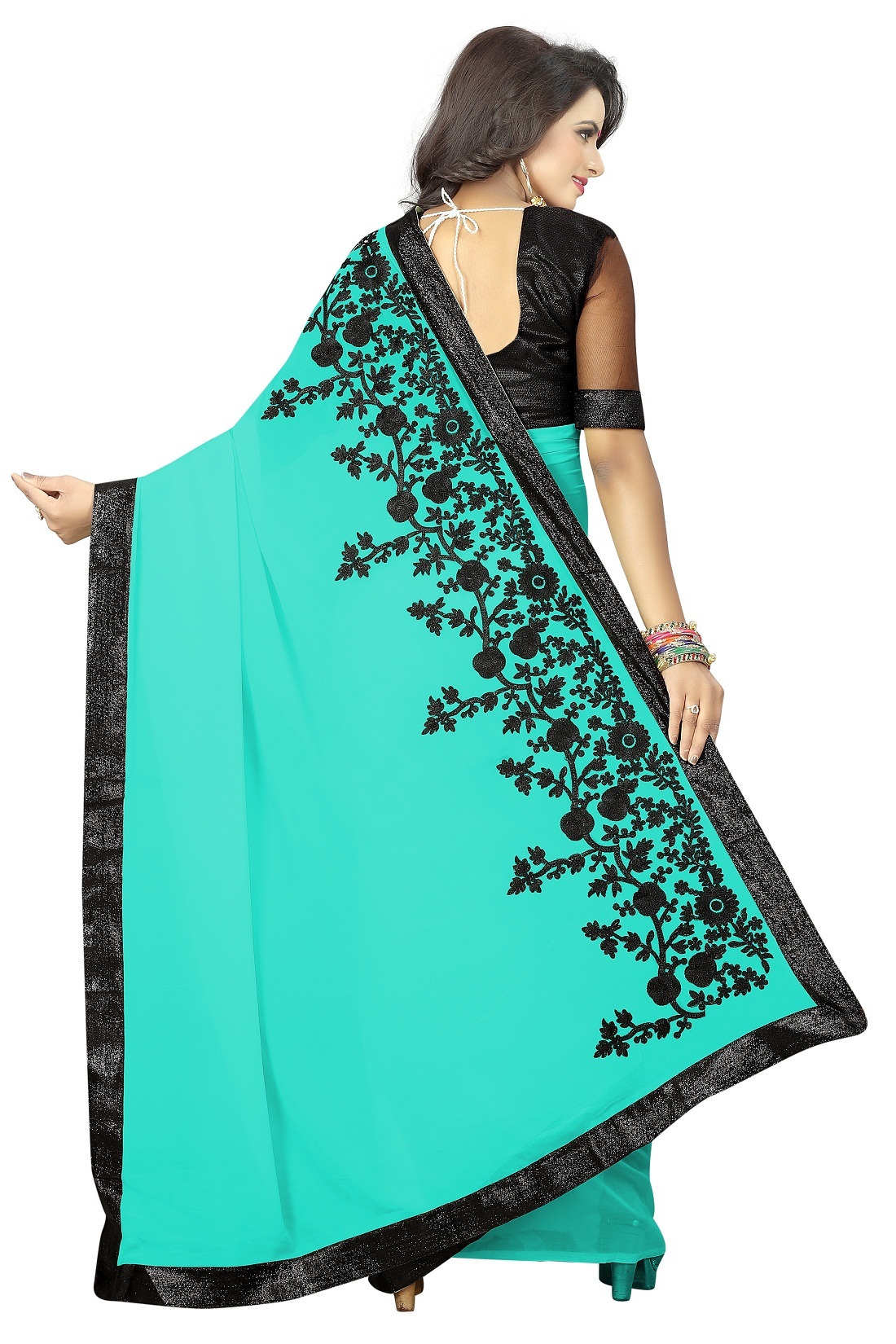 Turquoise And Black Mitrosi Saree