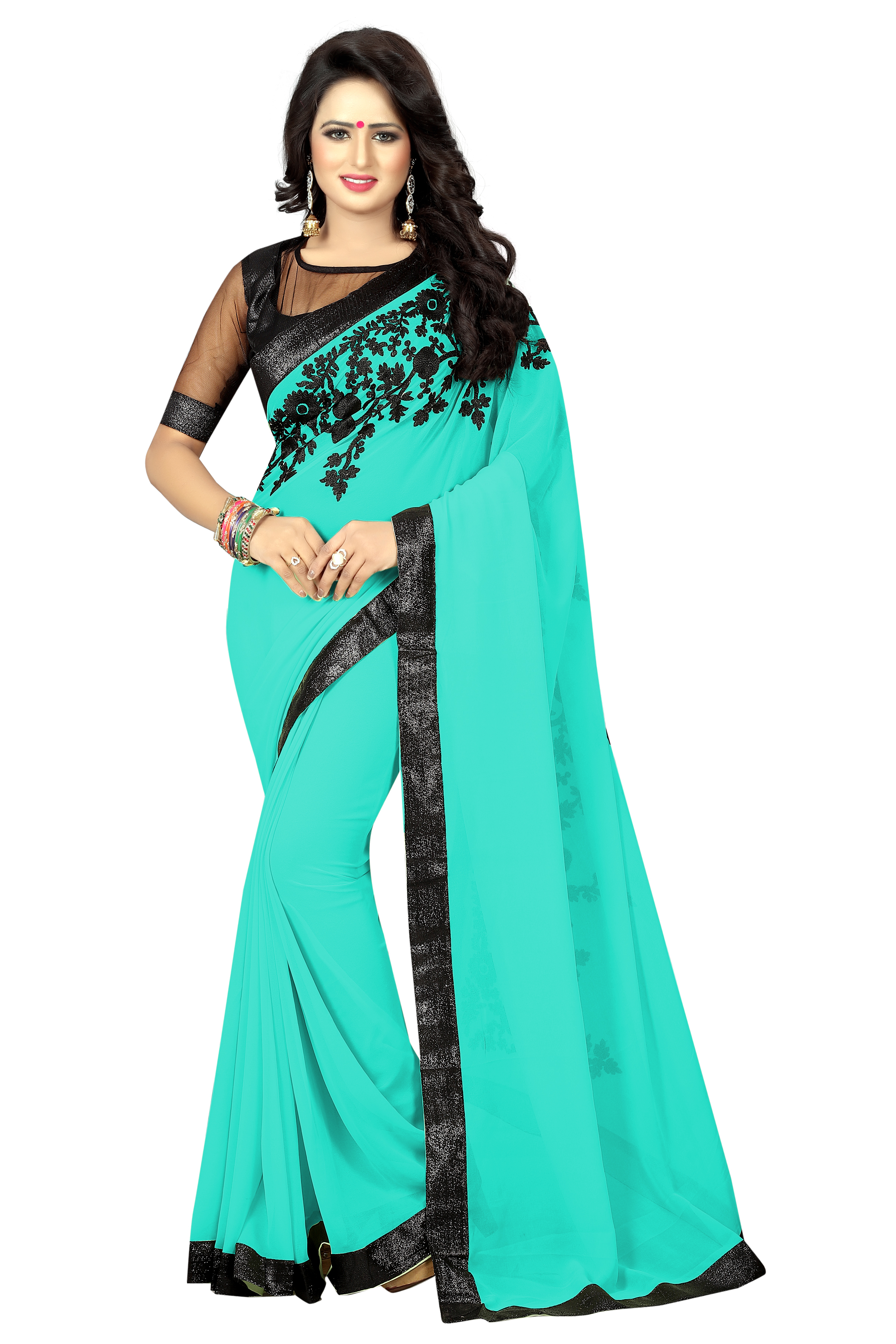 Turquoise And Black Mitrosi Saree
