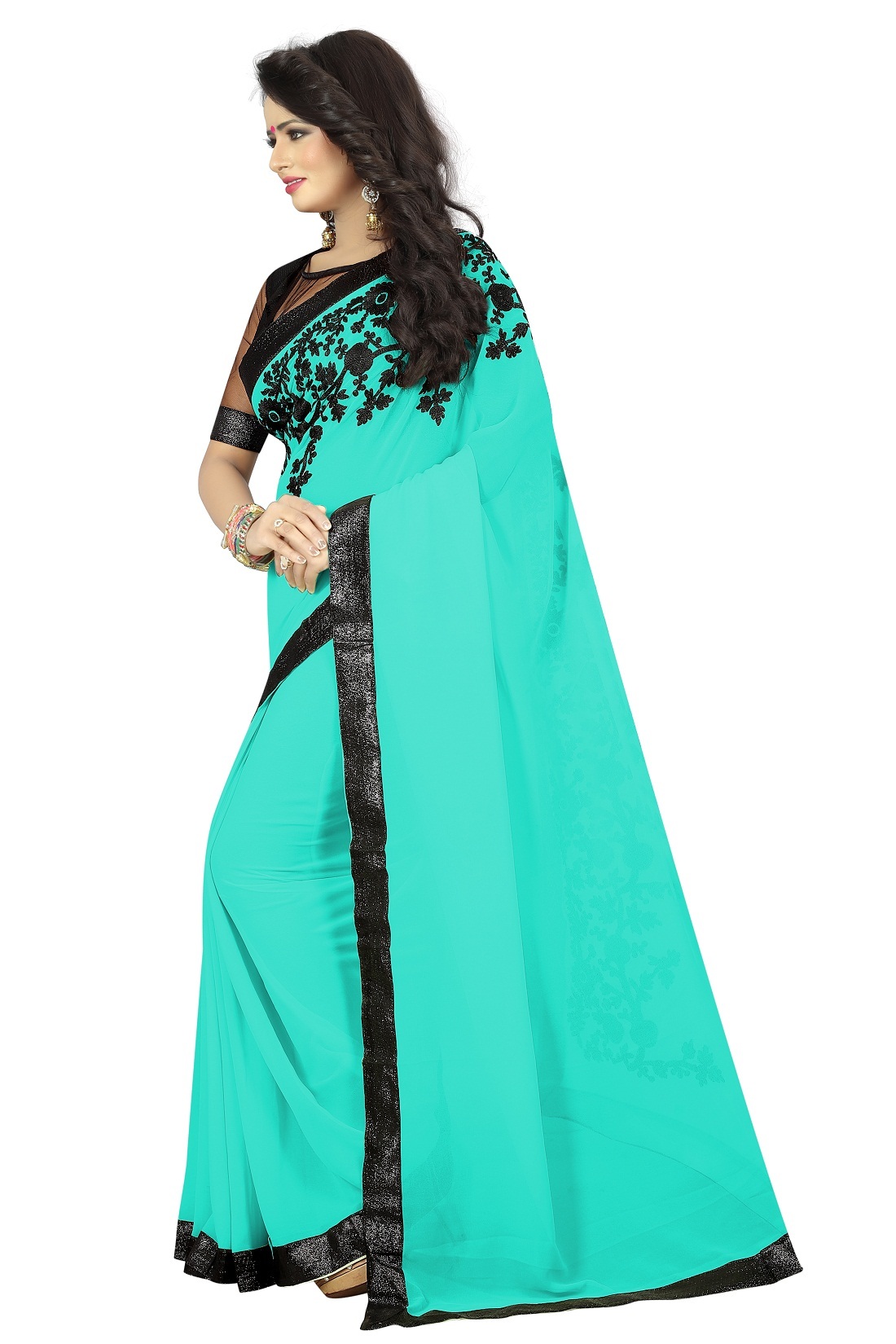 Turquoise And Black Mitrosi Saree