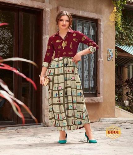 Rayon Kurti - 46" Length, Maroon Color | Full Sleeves, Asymmetric Hem, Diagonal Stripe Print