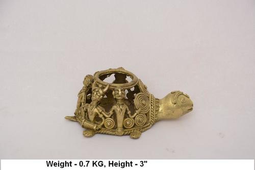 Brass Tortoise Pen Stand - 100% Handmade Metal Craft, 700 Grams Weight, Golden Color, Antique Imitation Style, Intricate Tribal Designs