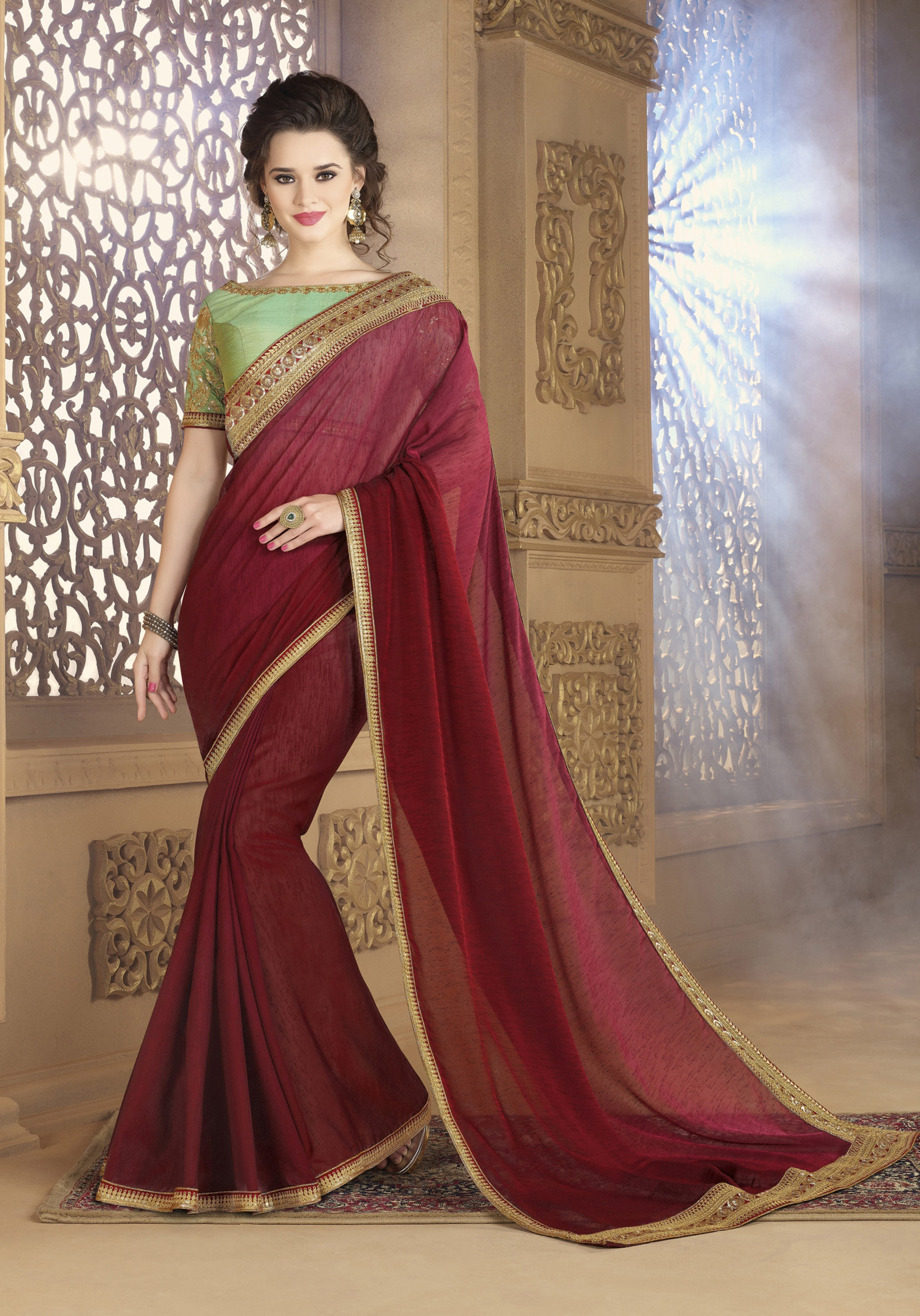 Designer Fancy Party Wear Saree - Georgette Fabric Embroidered Pattern Thread Work Detailing Crepe Style Color As Per Image