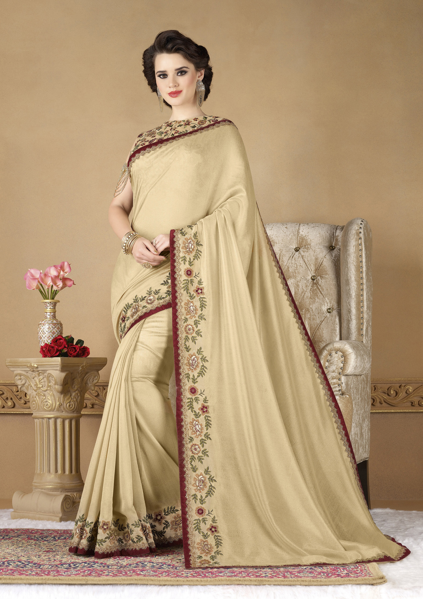 Designer Fancy Party Wear Saree - Georgette Fabric Embroidered Pattern Thread Work Detailing Crepe Style Color As Per Image