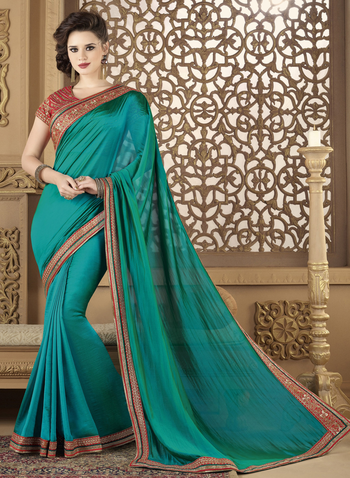 Designer Fancy Party Wear Saree - Georgette Fabric Embroidered Pattern Thread Work Detailing Crepe Style Color As Per Image