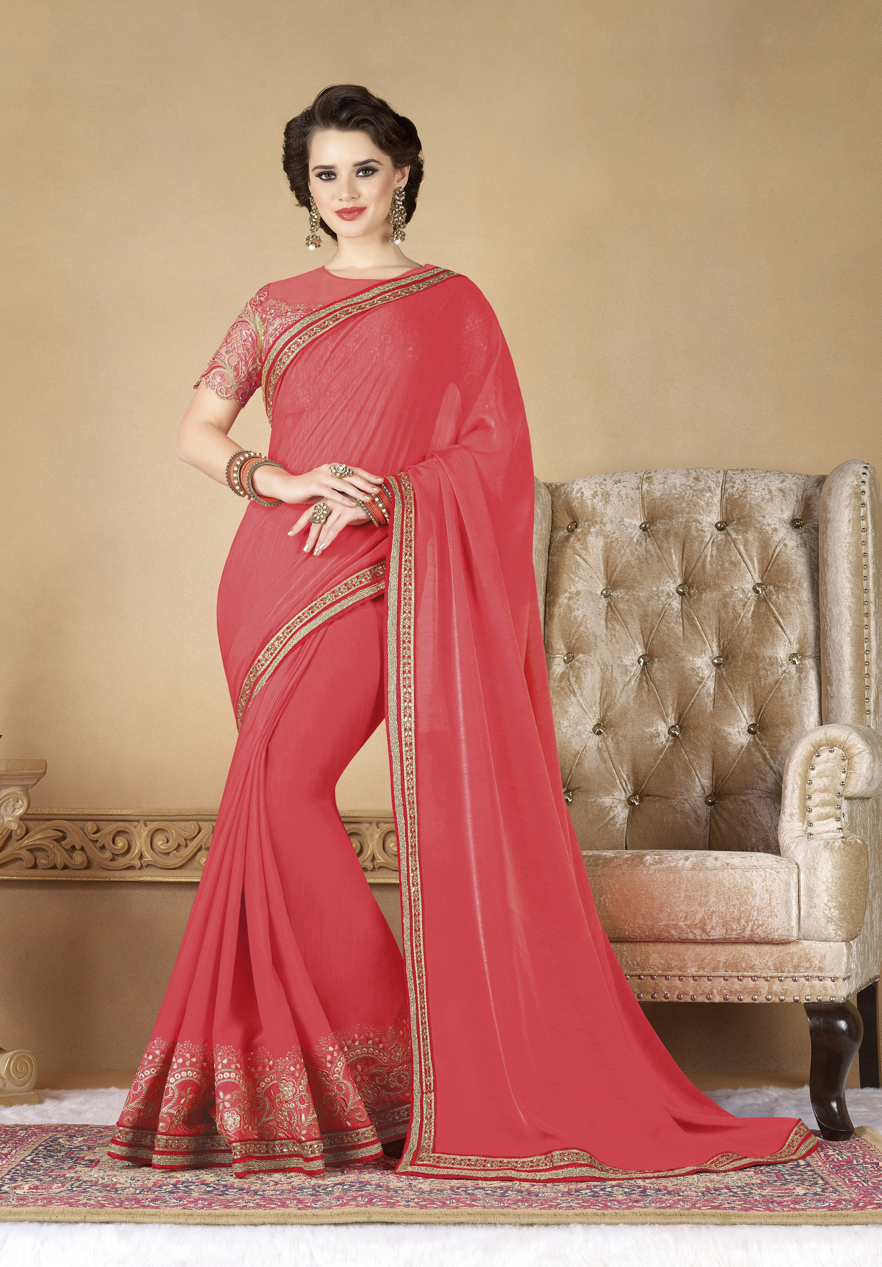 Designer Fancy Party Wear Saree - Georgette Fabric Embroidered Pattern Thread Work Detailing Crepe Style Color As Per Image