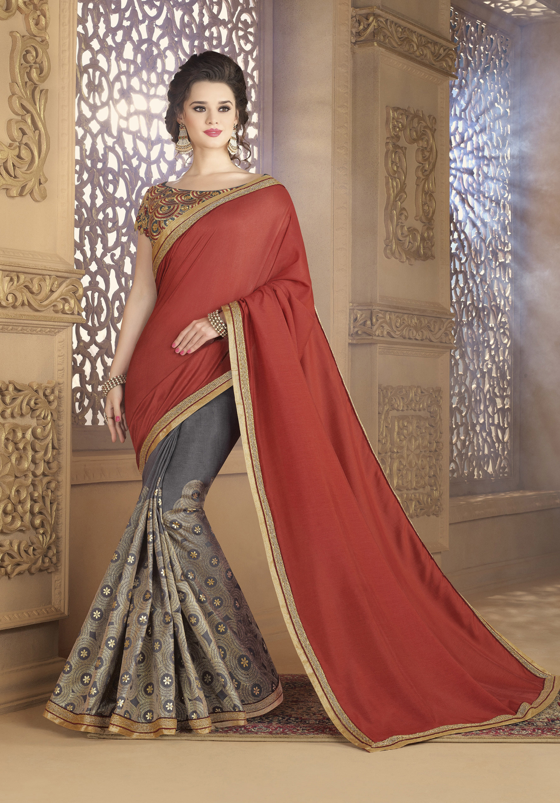 Designer Fancy Party Wear Saree - Georgette Fabric Embroidered Pattern Thread Work Detailing Crepe Style Color As Per Image
