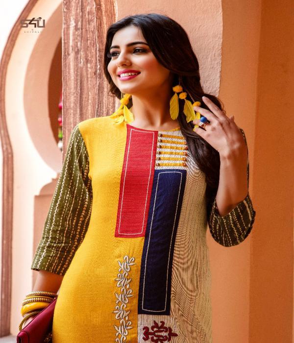 Rayon Kurti - Full Sleeves , Yellow Color With Asymmetric Hem And Diagonal Stripe Print