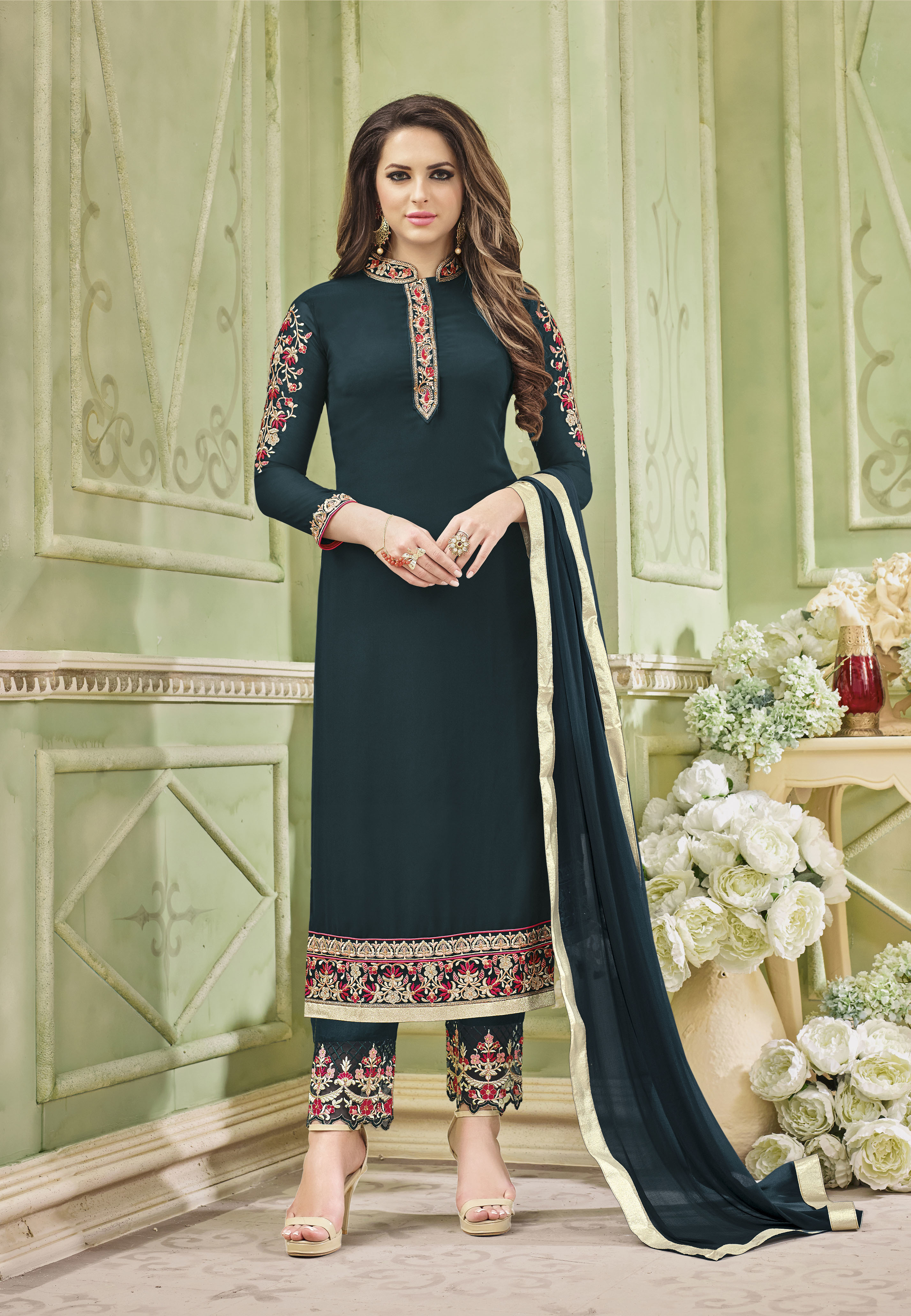Designer Semi Stitched Salwar Suit - Faux Georgette, Green Color | Santoon Inner, Naznin Chiffon Dupatta, Embroidered Work