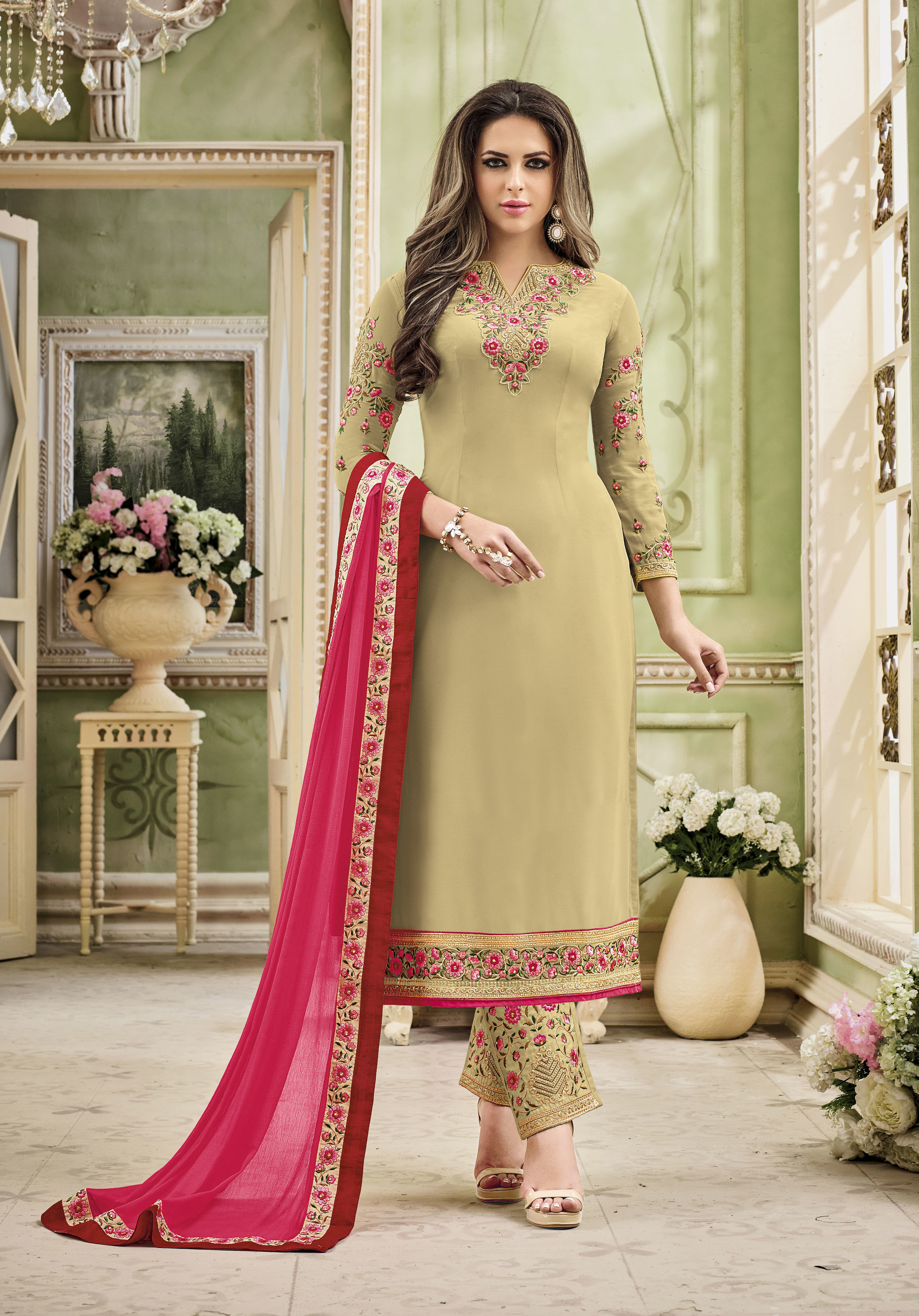 Designer Semi Stitched Salwar Suit - Faux Georgette, Green Color | Santoon Inner, Naznin Chiffon Dupatta, Embroidered Work