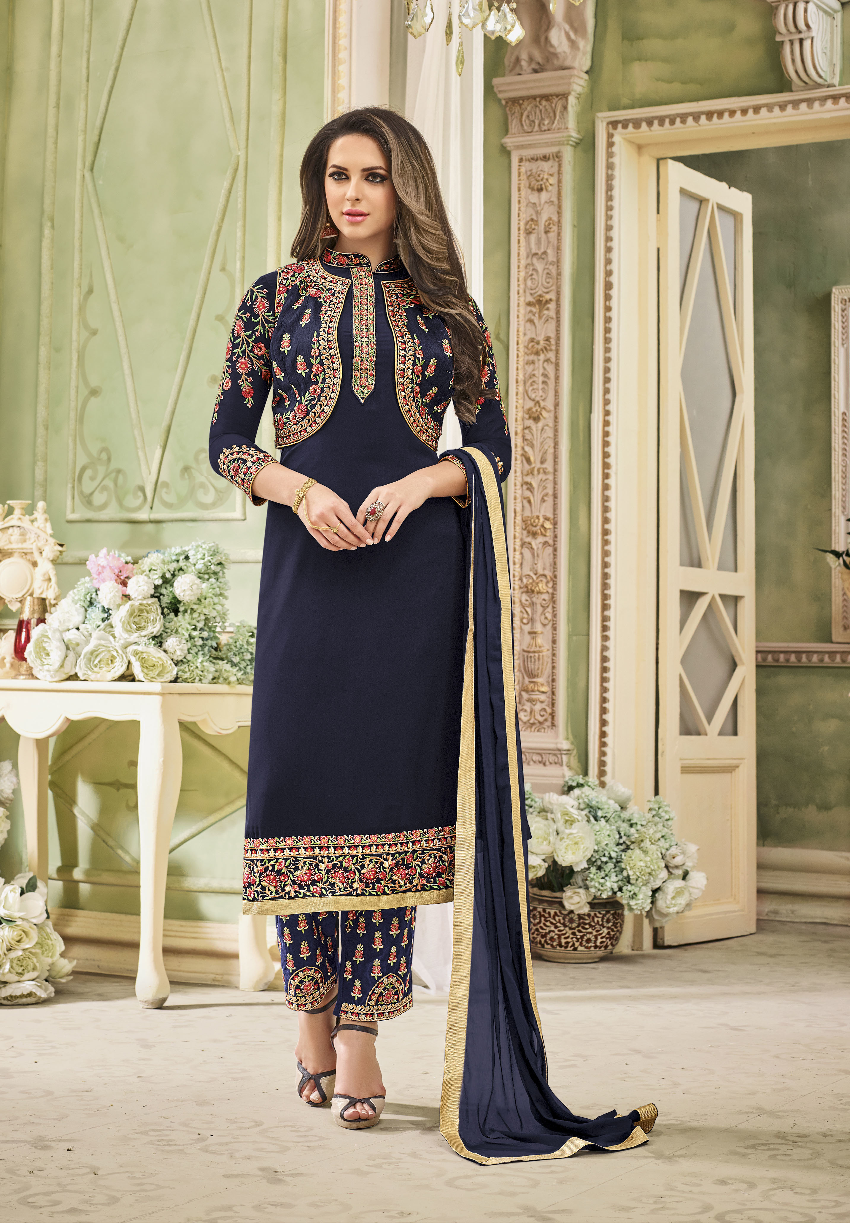 Designer Semi Stitched Salwar Suit - Faux Georgette, Green Color | Santoon Inner, Naznin Chiffon Dupatta, Embroidered Work