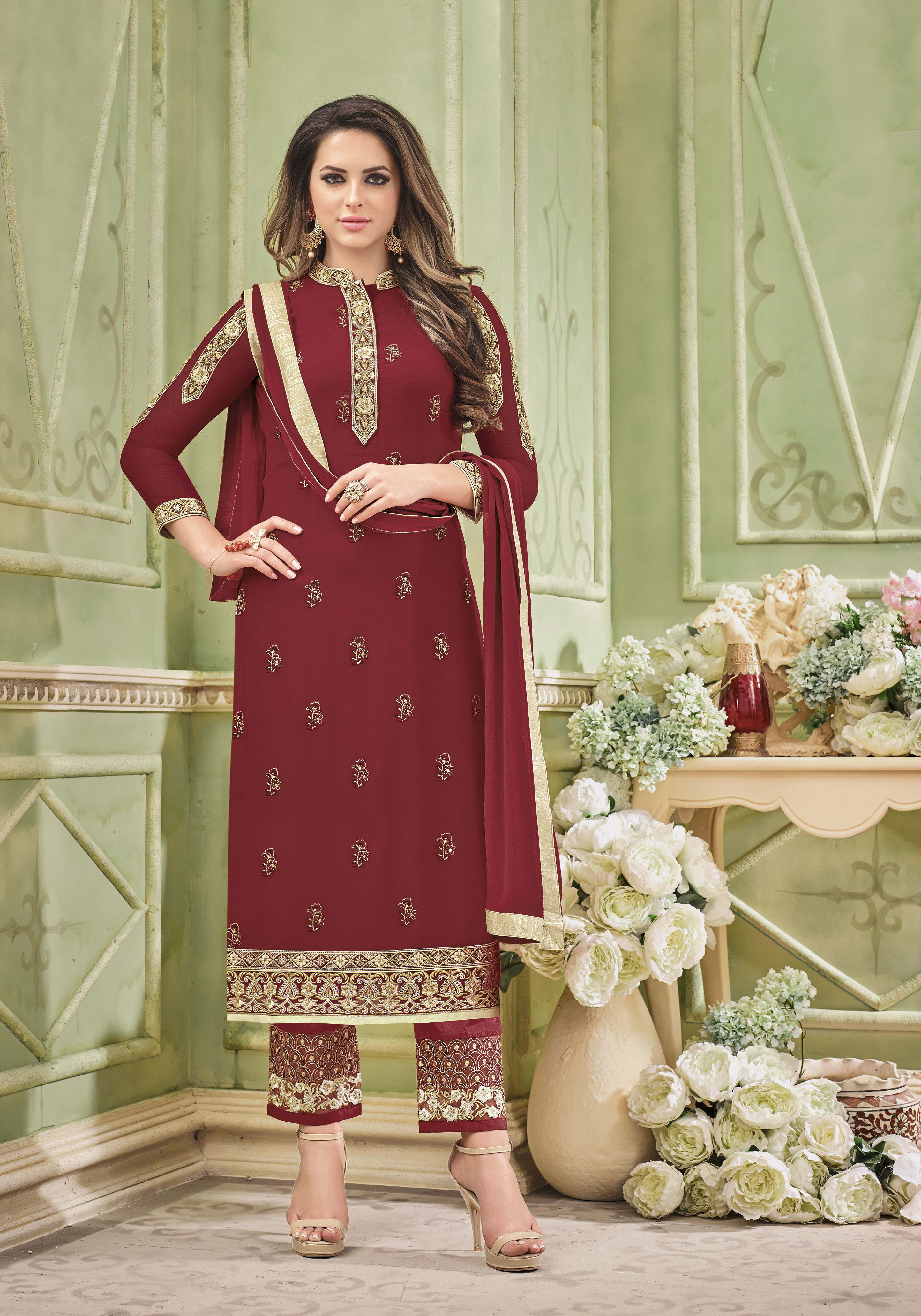 Designer Semi Stitched Salwar Suit - Faux Georgette, Green Color | Santoon Inner, Naznin Chiffon Dupatta, Embroidered Work