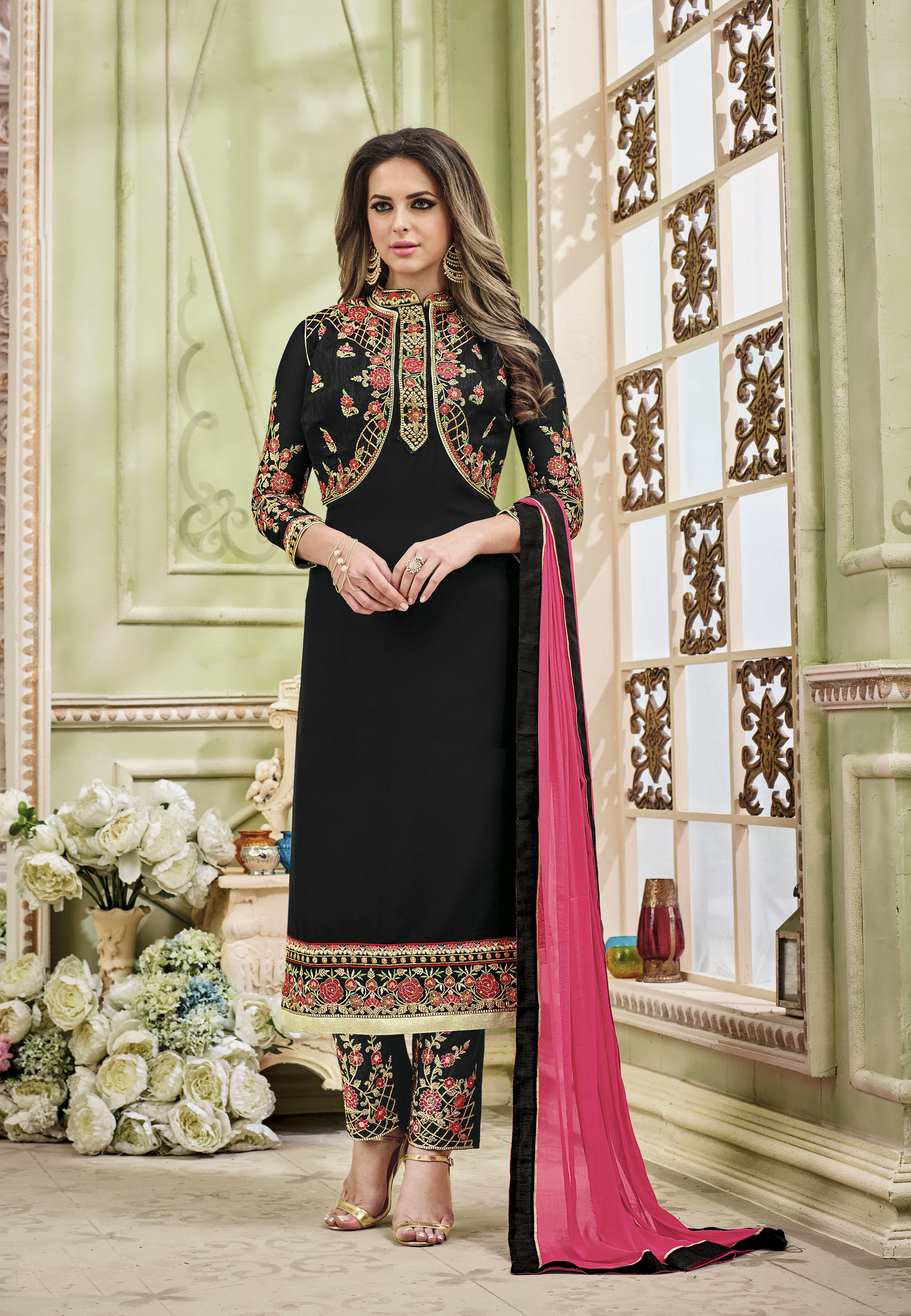 Designer Semi Stitched Salwar Suit - Faux Georgette, Green Color | Santoon Inner, Naznin Chiffon Dupatta, Embroidered Work