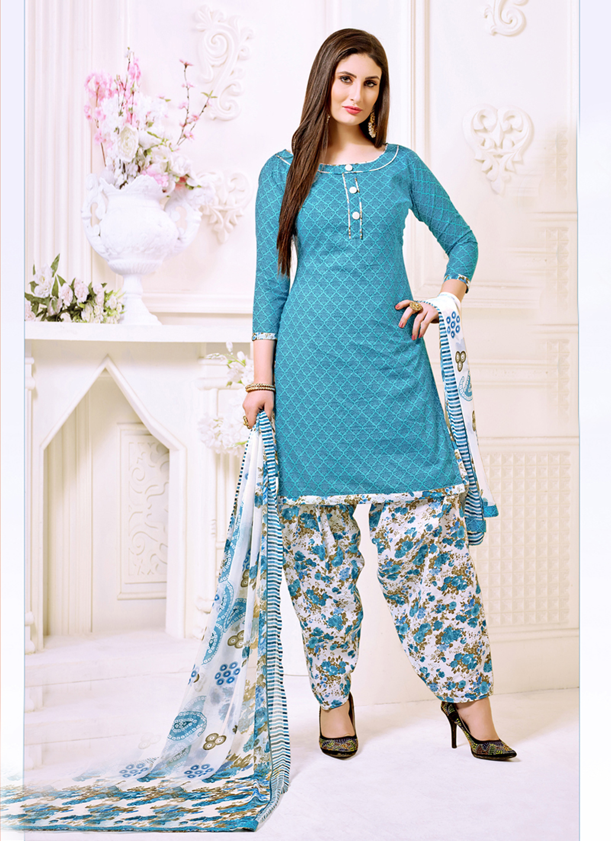 Printed Patiala Salwar-suit - Cotton Top 48 Inch, Poly Cotton Bottom 2.4mtr, Nazneen Dupatta 2.2mtr | Full Sleeves, Ethnic Indian Design, Custom Size
