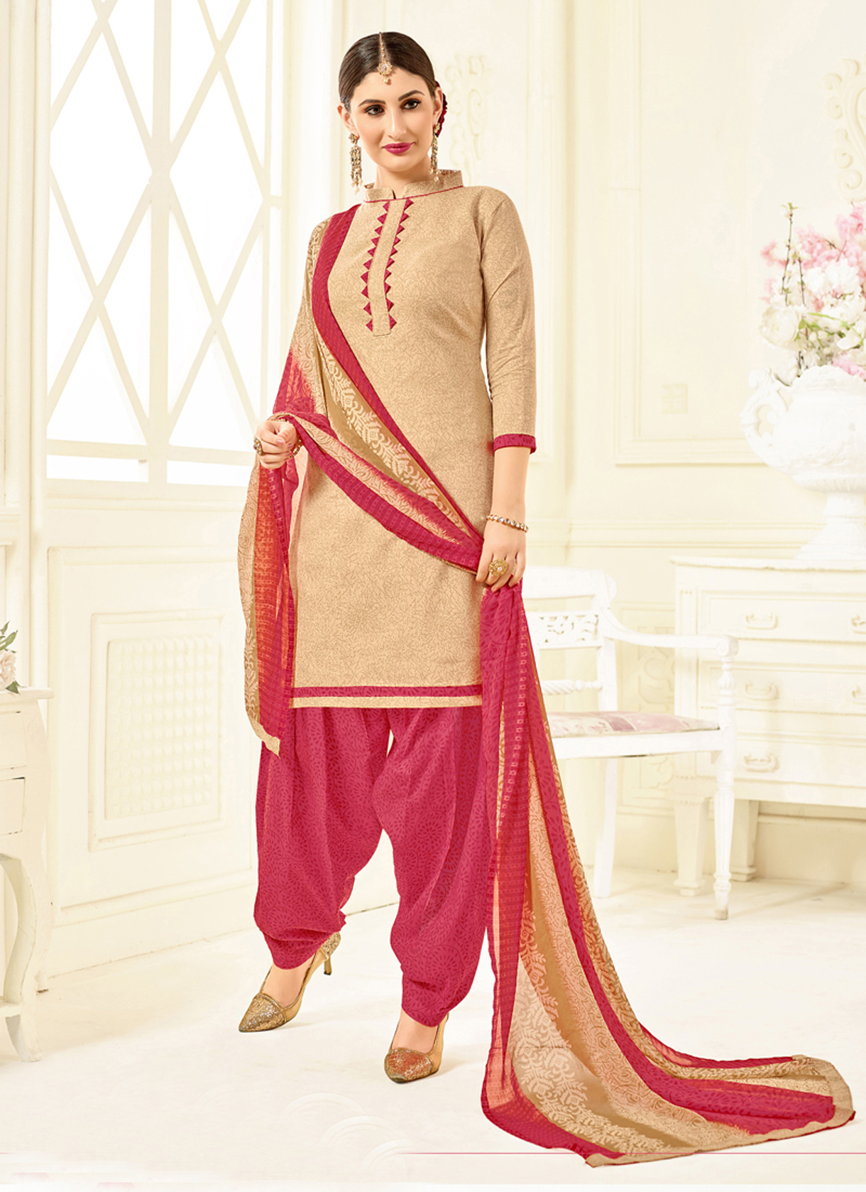 Printed Patiala Salwar-suit - Cotton Top 48 Inch, Poly Cotton Bottom 2.4mtr, Nazneen Dupatta 2.2mtr | Full Sleeves, Ethnic Indian Design, Custom Size