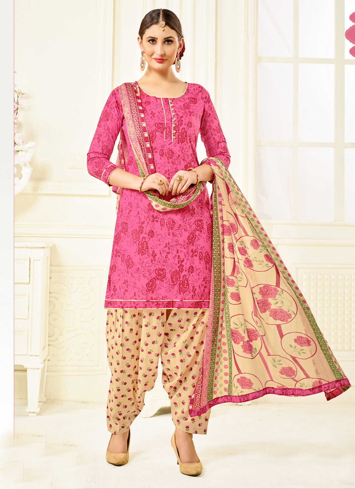 Printed Patiala Salwar-suit - Cotton Top 48 Inch, Poly Cotton Bottom 2.4mtr, Nazneen Dupatta 2.2mtr | Full Sleeves, Ethnic Indian Design, Custom Size