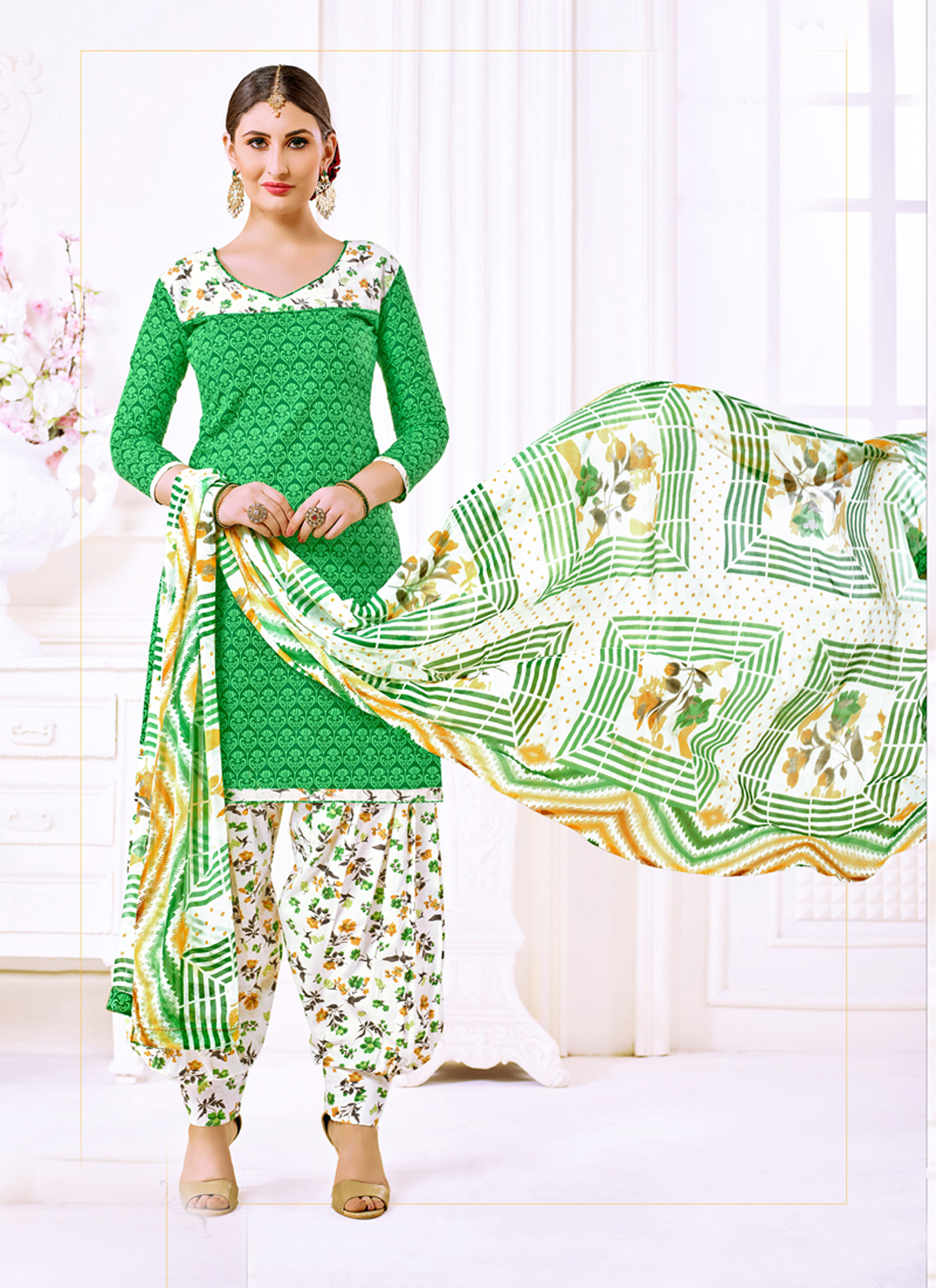 Printed Patiala Salwar-suit - Cotton Top 48 Inch, Poly Cotton Bottom 2.4mtr, Nazneen Dupatta 2.2mtr | Full Sleeves, Ethnic Indian Design, Custom Size