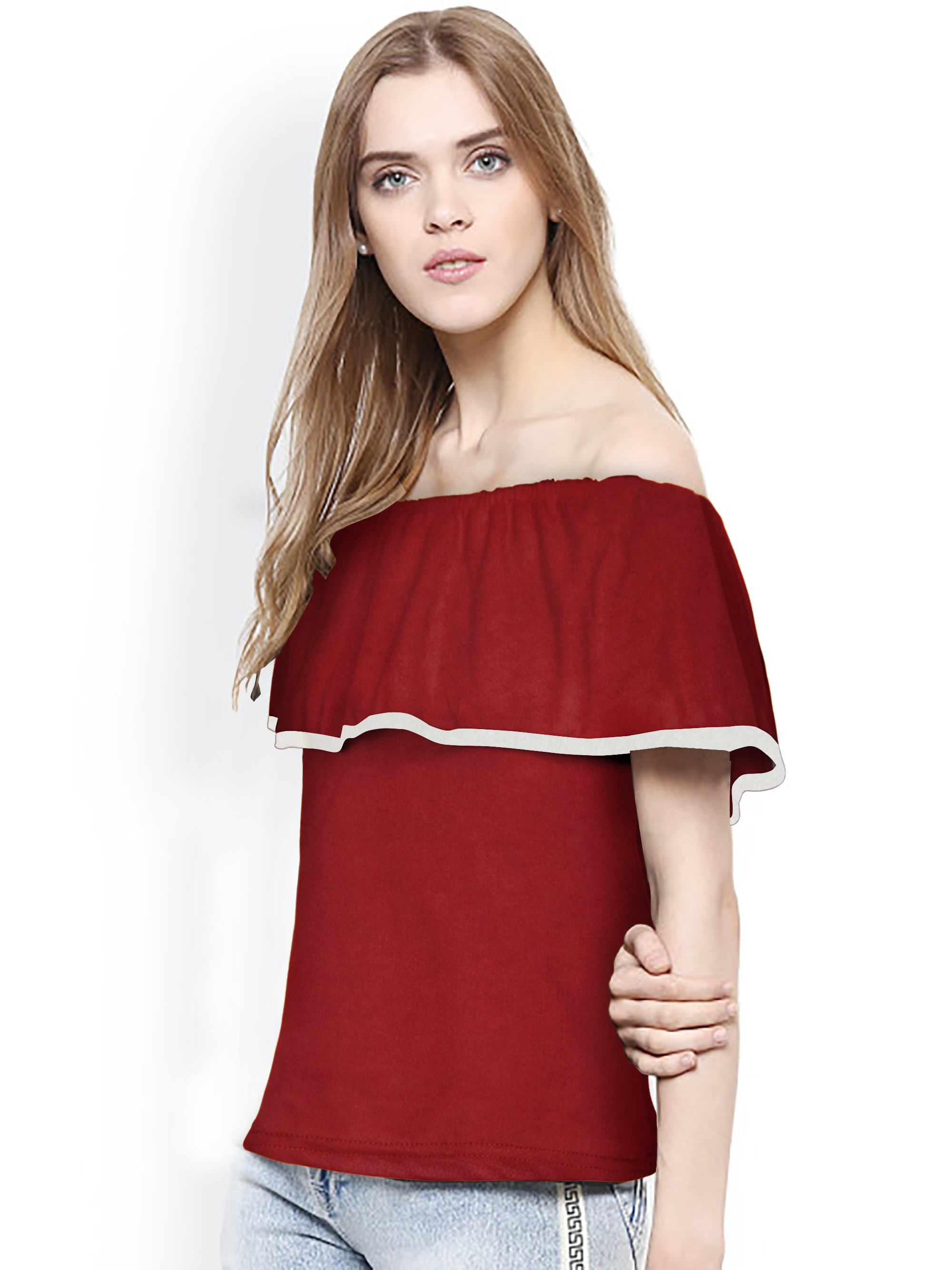 Western Knit Top - Knitting Fabric, 21-22" Length, Maroon Color | Off Shoulder Sleeves, Plain Design, Casual Style For Women And Girls