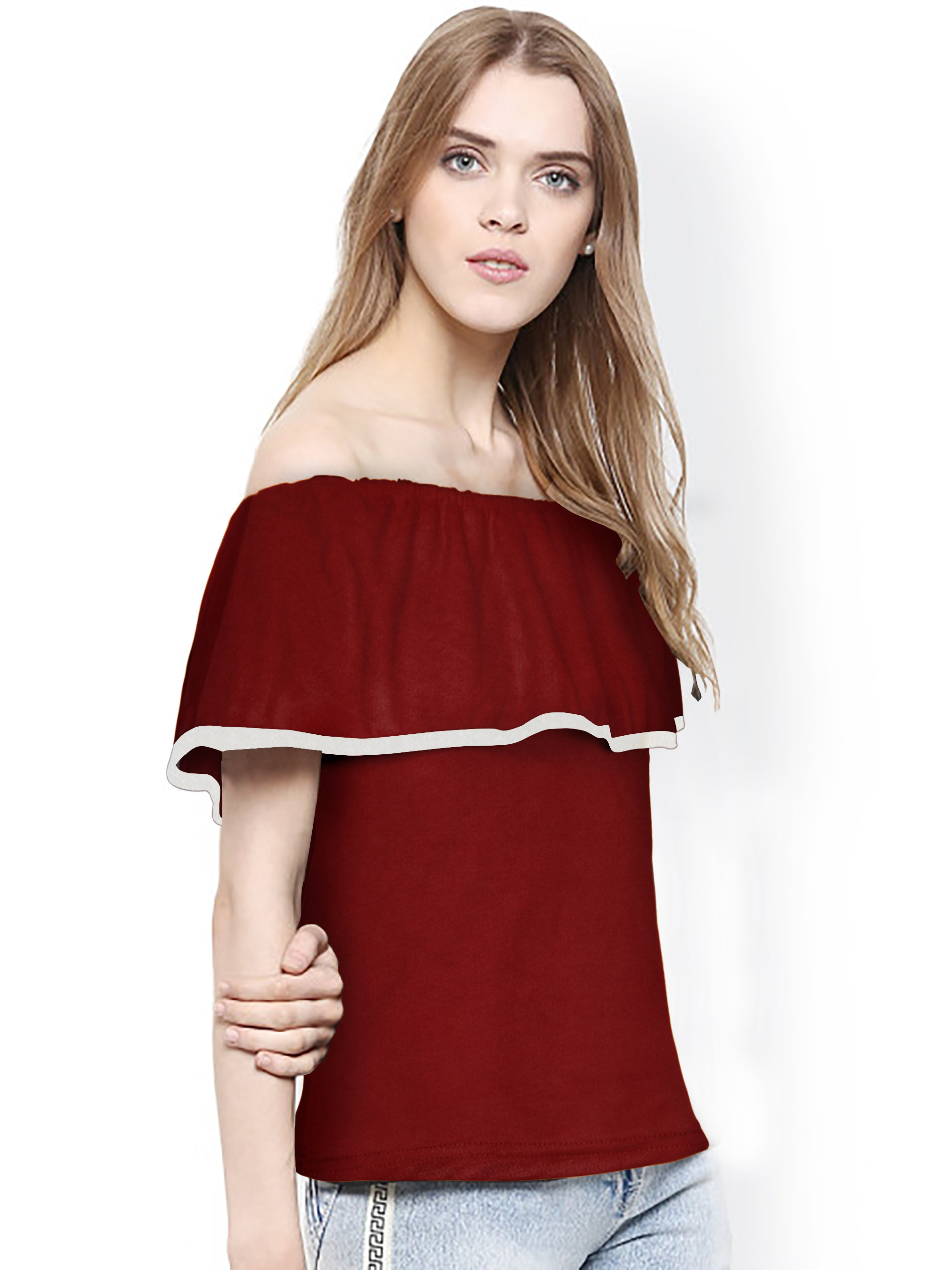 Western Knit Top - Knitting Fabric, 21-22" Length, Maroon Color | Off Shoulder Sleeves, Plain Design, Casual Style For Women And Girls