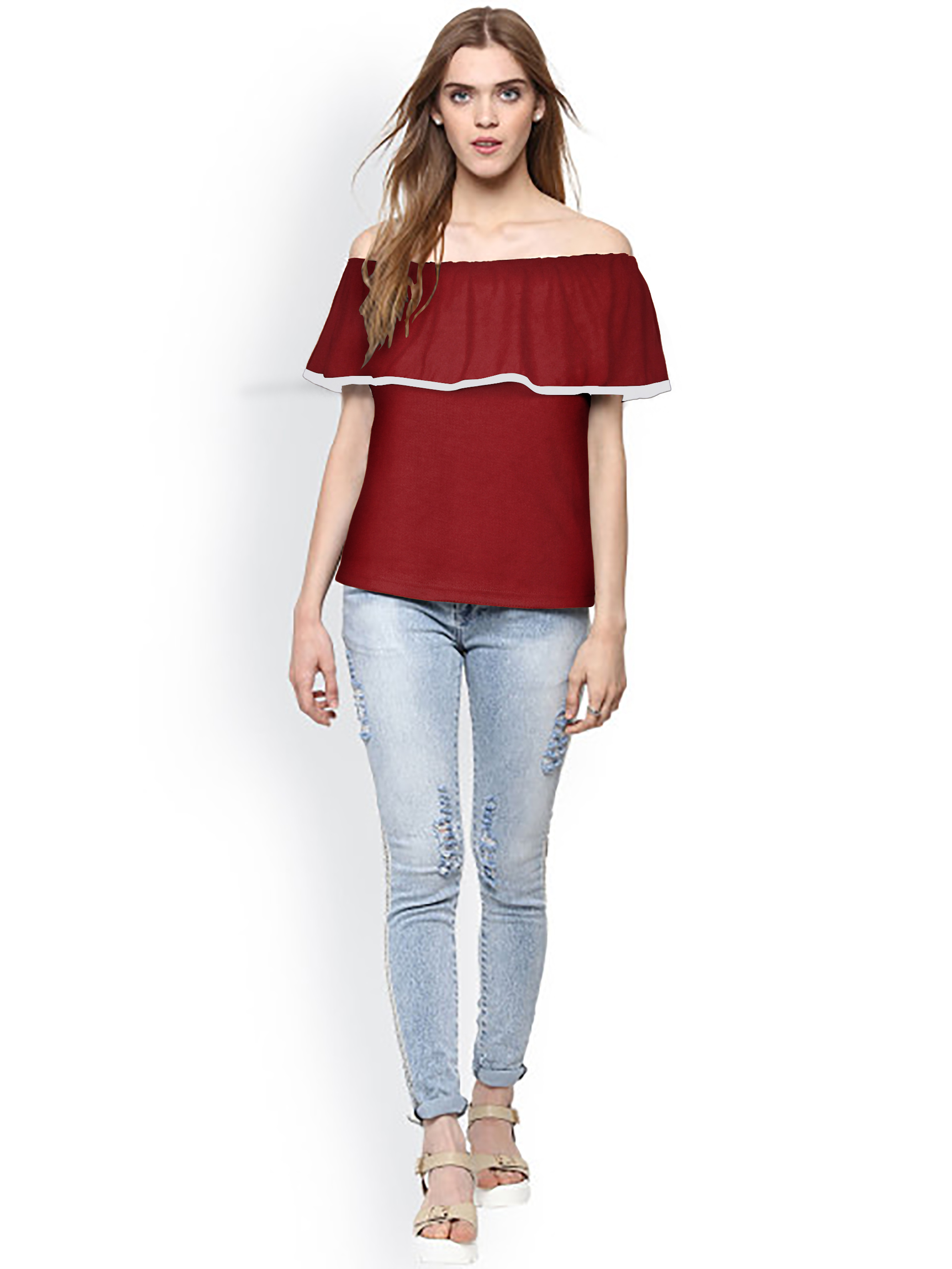 Western Knit Top - Knitting Fabric, 21-22" Length, Maroon Color | Off Shoulder Sleeves, Plain Design, Casual Style For Women And Girls