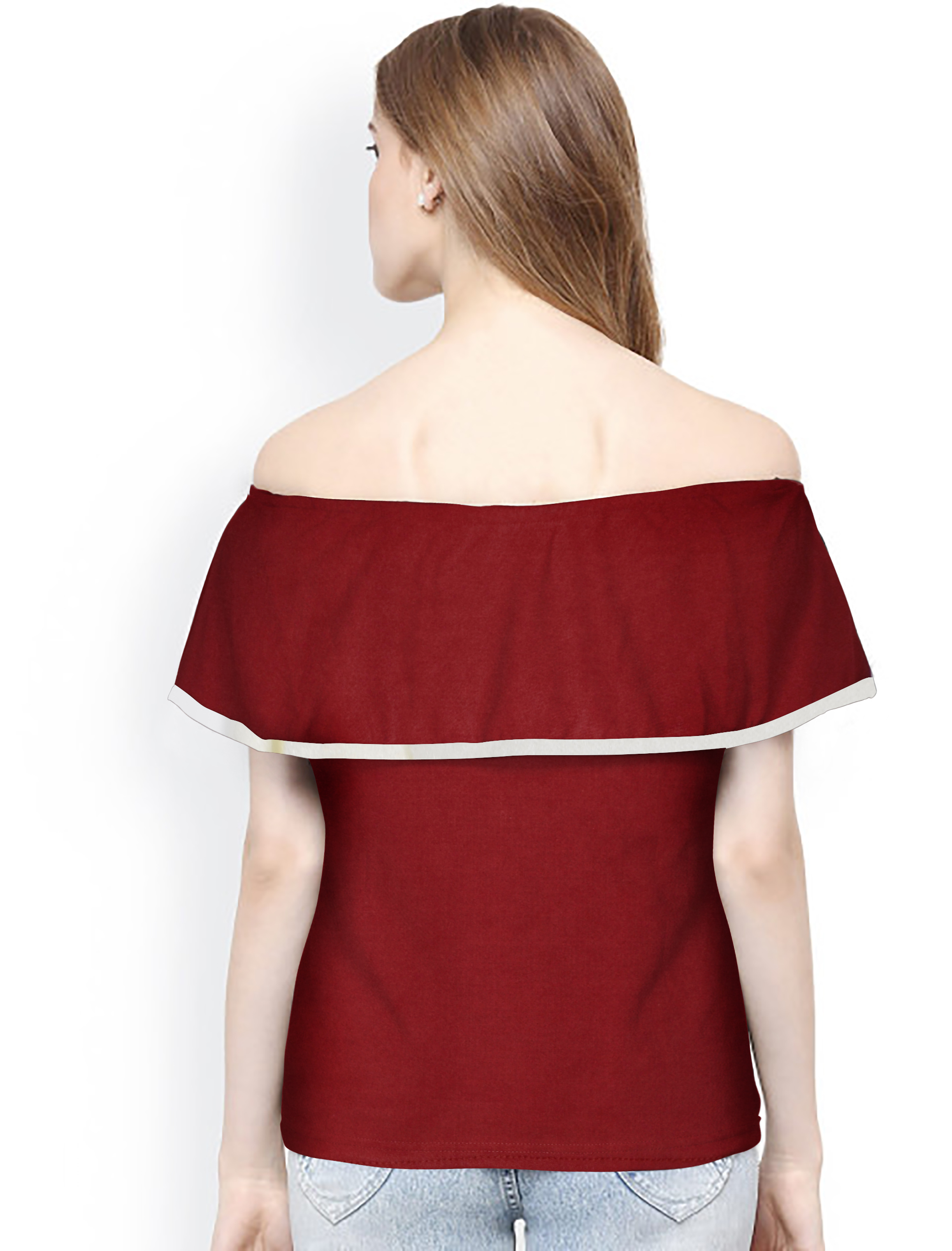 Western Knit Top - Knitting Fabric, 21-22" Length, Maroon Color | Off Shoulder Sleeves, Plain Design, Casual Style For Women And Girls