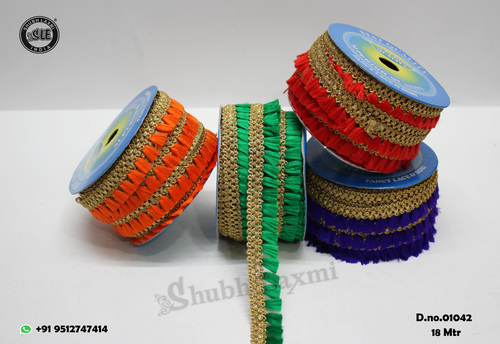 Zari Braids - Textile, 1-3 Inches Width, Orange Color | Embroidered Lace with Colorful Thread Hangings for Garment Embellishment