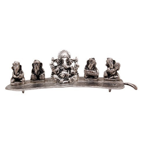 White Metal Ganesha Playing Instrument Statue