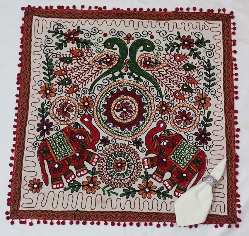 Embroidered Cotton Table Runner - 36" Diameter Round Shape | Customizable Size, Design & Fabric With Colour Beaded & Thread Handwork