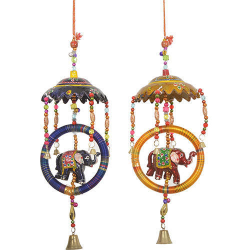 Umbrella Door Hanging - Wood, 17cm , Multi-color Ganesha Design With Intricate Embroidery And Mineral Beads, Ideal For Home And Wall Decor