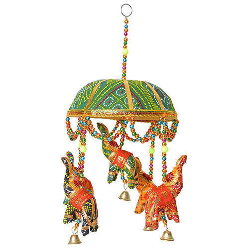 Umbrella Door Hanging - Wood, 17cm , Multi-color Ganesha Design With Intricate Embroidery And Mineral Beads, Ideal For Home And Wall Decor