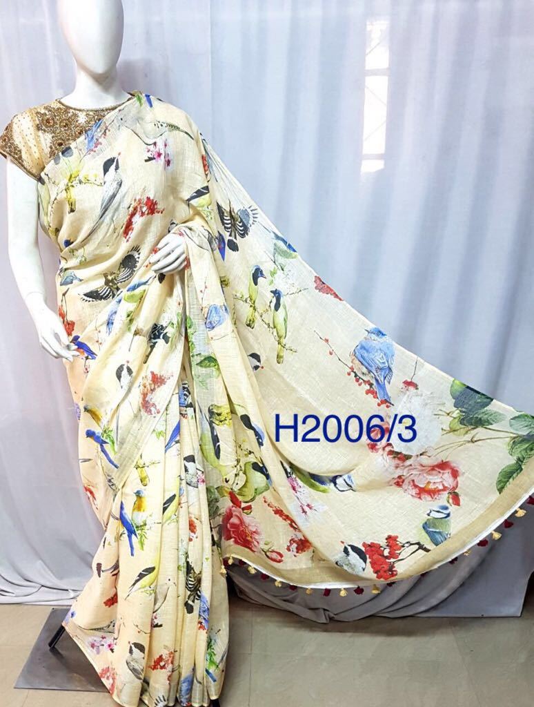 Linen Digital Printed Sarees - Linen 5.5m X 1.1m, Teal | Elegant, Comfortable, Unique Design