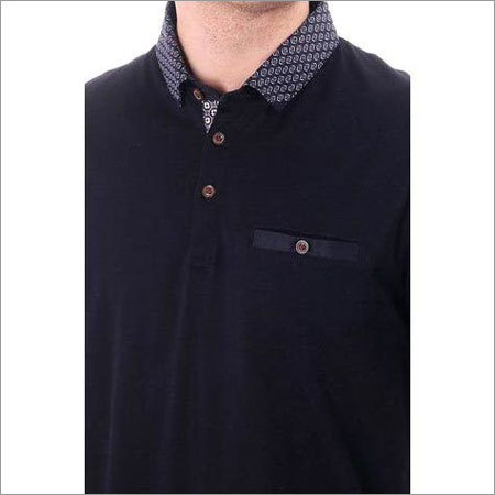 Black Mens Woven Collar Polo T Shirt