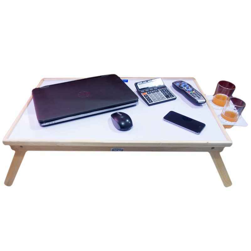 Wooden Folding Table - Polished Wood, 29"x18"x11" Inch, Ivory White | Ideal For Bed Office Work, Study, Dining, With Glass Holder And Storage Compartment