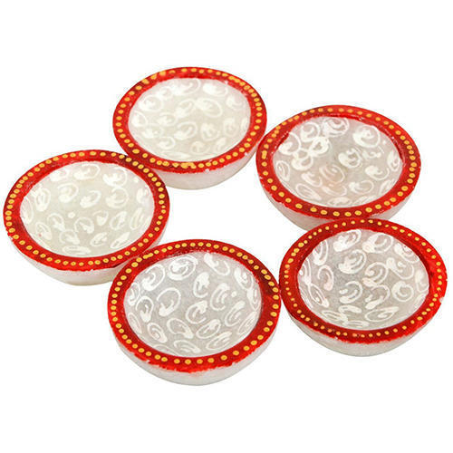 Makrana Marble Deepak - Marble Material, Round Shape, Antique Imitation Style | Multi-color Design, Carved And Painted Decoration Theme