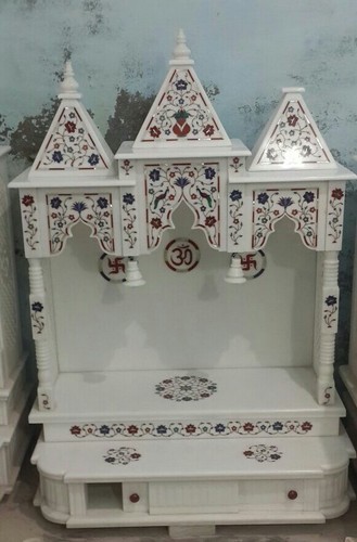 Marble Inlay Temple - Custom Size, White Color | Antique Imitation Design with Beautiful Hindu Theme
