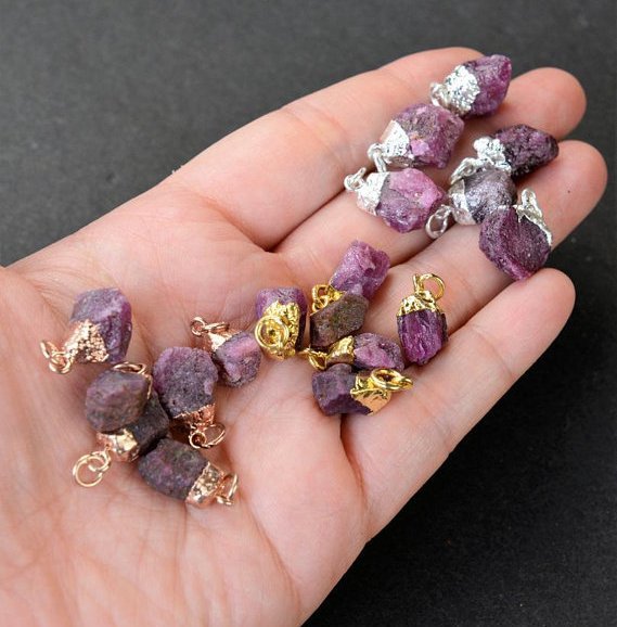 Natural Ruby Gold Electroplated Cap Rough Gemstone Pendant - 15-18mm Natural Rough Shape | July Birthstone, Custom Orders Accepted