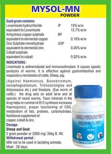Levamisole Hcl, Cuso4, Znso4, Coso4 Powder (Mysol-Mn) Ingredients: Chemicals
