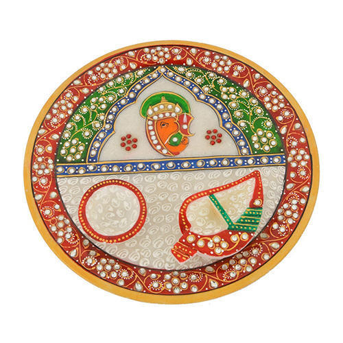 मल्टी कलर डिज़ाइनर मार्बल पूजा थाली