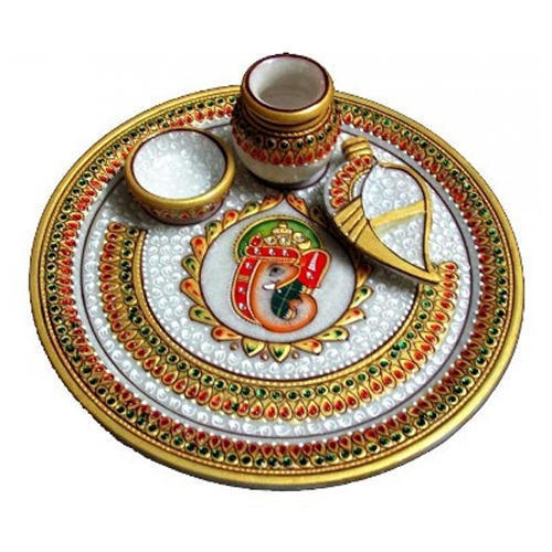 मल्टी कलर मार्बल गणेश पूजा थाली